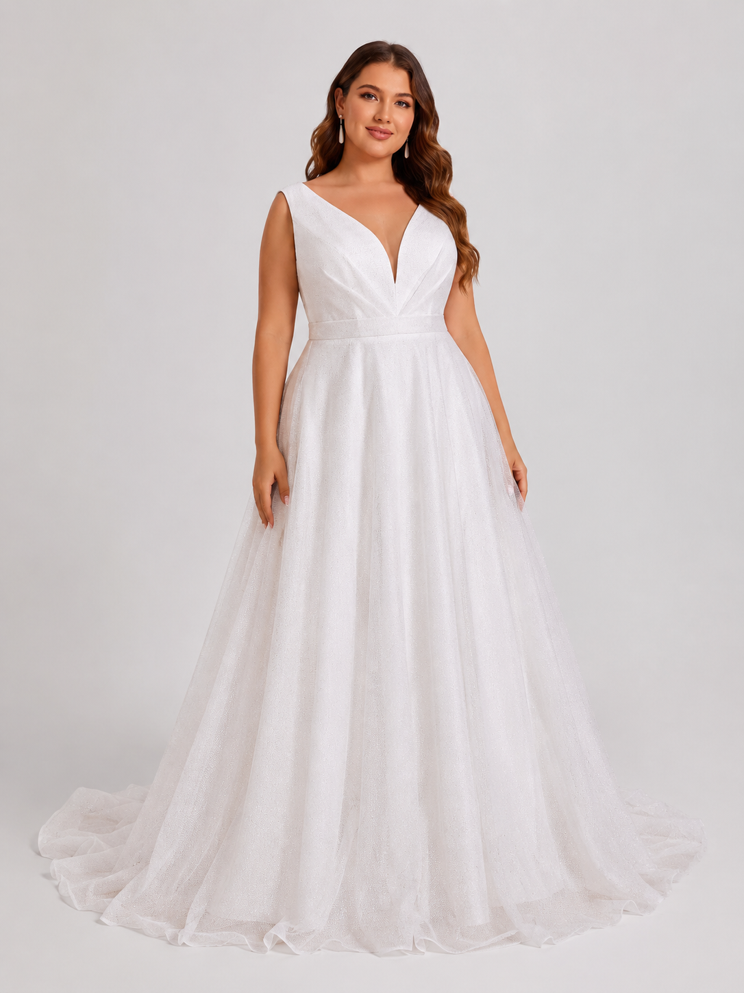 Elegant V-Neck Sparkly Tulle A-Line Wedding Dress with Chapel Train