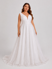 Elegant V-Neck Sparkly Tulle A-Line Wedding Dress with Chapel Train