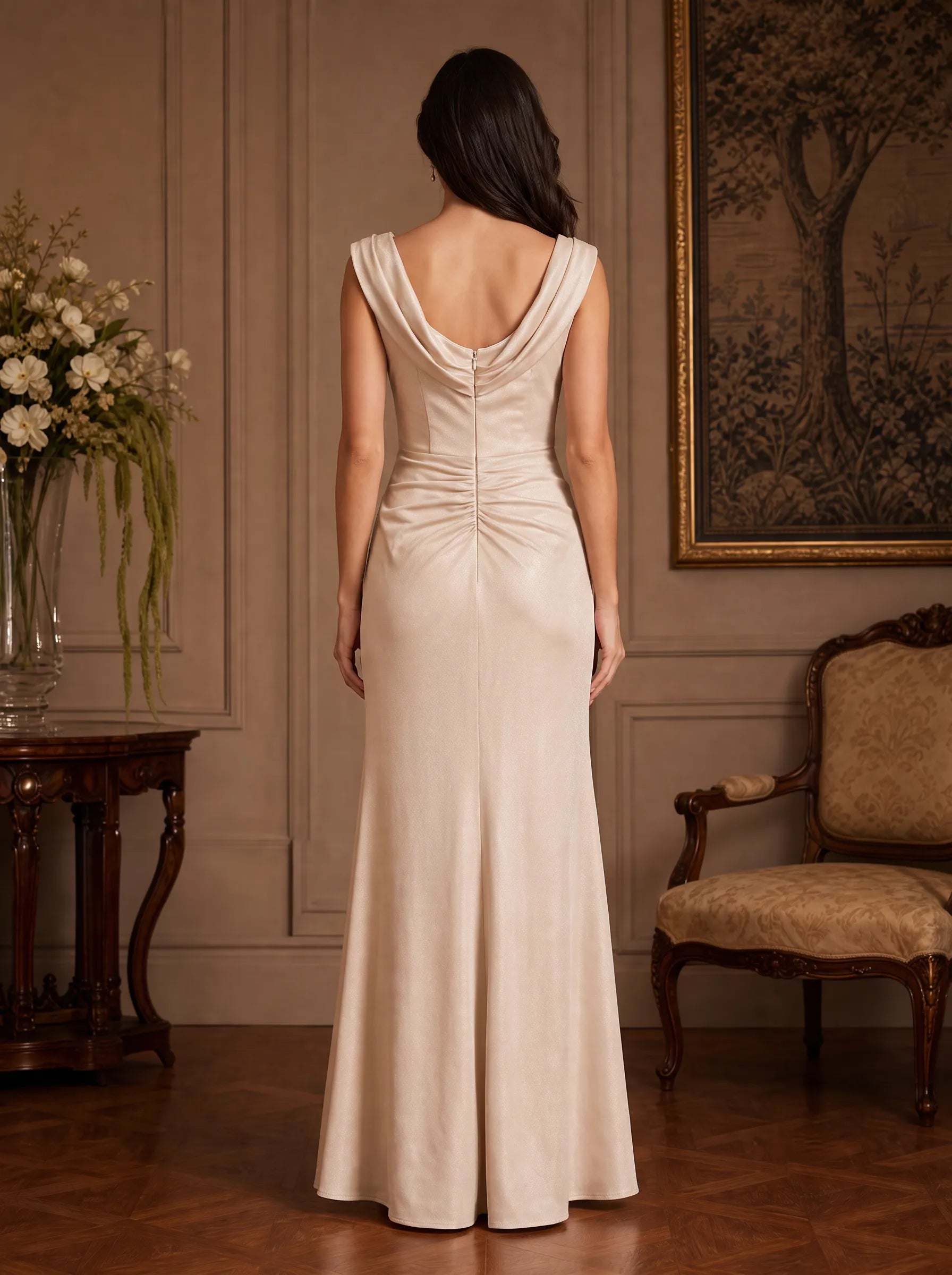 Cowl Neck Slit Column Gown with Rosette Accent Bridesmaid Dress