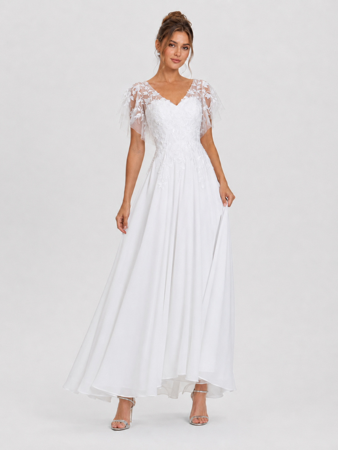 Elegant Flutter Sleeve Embroidered V-Neck Chiffon A-Line Wedding Dress
