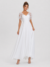 Elegant Flutter Sleeve Embroidered V-Neck Chiffon A-Line Wedding Dress