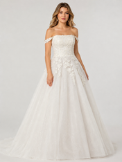 Elegant Off-the-Shoulder Lace Applique Tulle A-Line Wedding Dress with Corset Back and Chapel Train