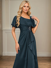 A-Line Asymmetrical Floor-Length Matte Satin Mother of the Bride Dress With Beading Sequins Pleated
