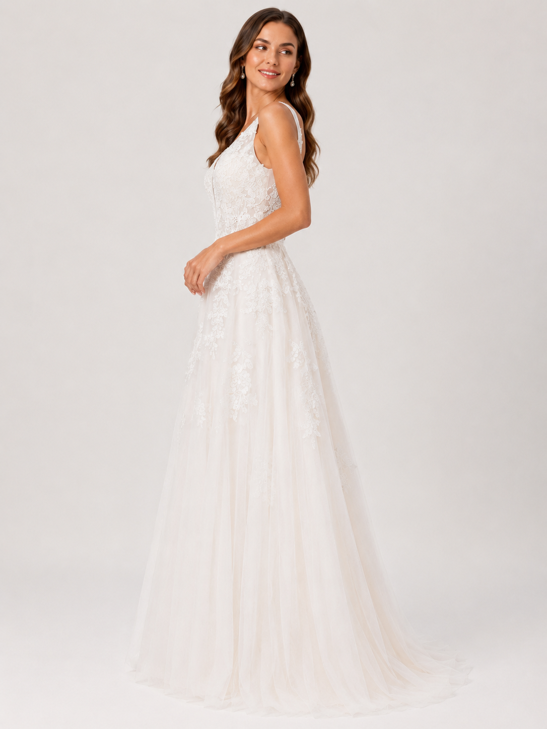 Elegant V-Neck Lace Applique Tulle A-Line Wedding Dress with Sweep Train