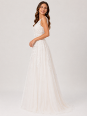 Elegant V-Neck Lace Applique Tulle A-Line Wedding Dress with Sweep Train