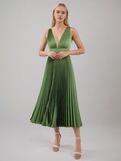 Olive Green A Line Satin V Neck Sleeveless Tea Length Dress
