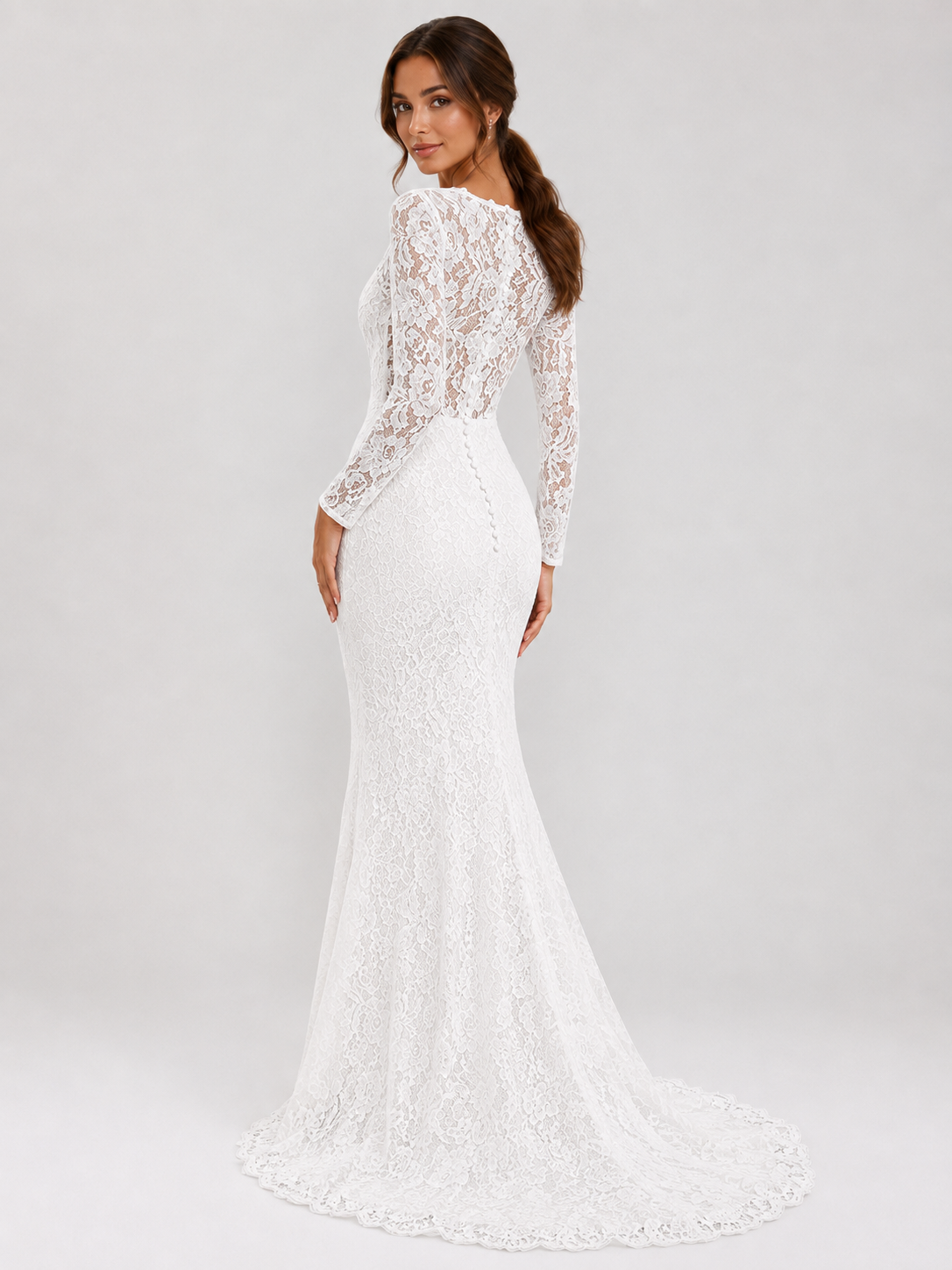 Elegant Long-Sleeve Illusion V-Neck Lace Mermaid Wedding Dress with Sweep Train