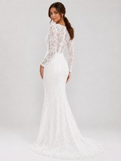 Elegant Long-Sleeve Illusion V-Neck Lace Mermaid Wedding Dress with Sweep Train