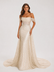 Elegant Off-the-Shoulder Sparkly Sequin Sheath Wedding Dress with Chapel Train