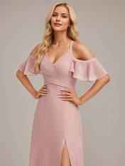 Dusty Rose A-Line Cold Shoulder Floor-Length Chiffon Bridesmaid Dress With Ruffle