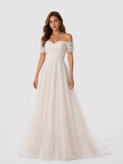 Elegant Off-the-Shoulder Lace Applique A-Line Wedding Dress with Chapel Train