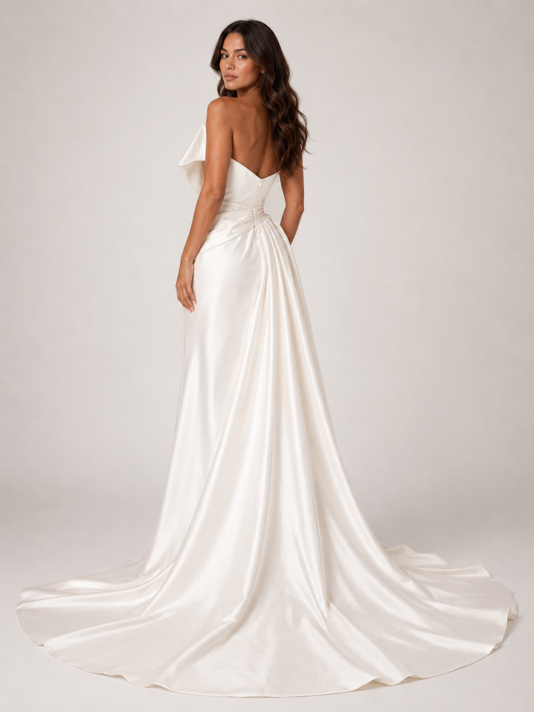 Elegant One-Shoulder Ruched Satin A-Line Wedding Dress with High Slit and Chapel Train