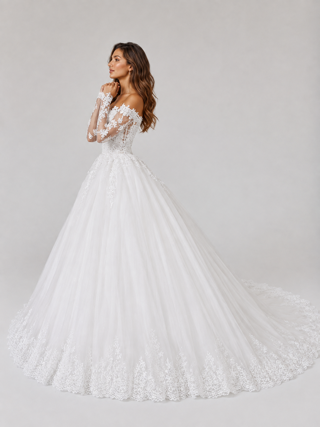 Elegant Off-the-Shoulder Lace Applique Tulle A-Line Wedding Dress with Chapel Train