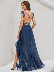 Navy Blue Chiffon A Line V Neck Sleeveless Floor Length Bridesmaid Dress With Cascading Ruffles