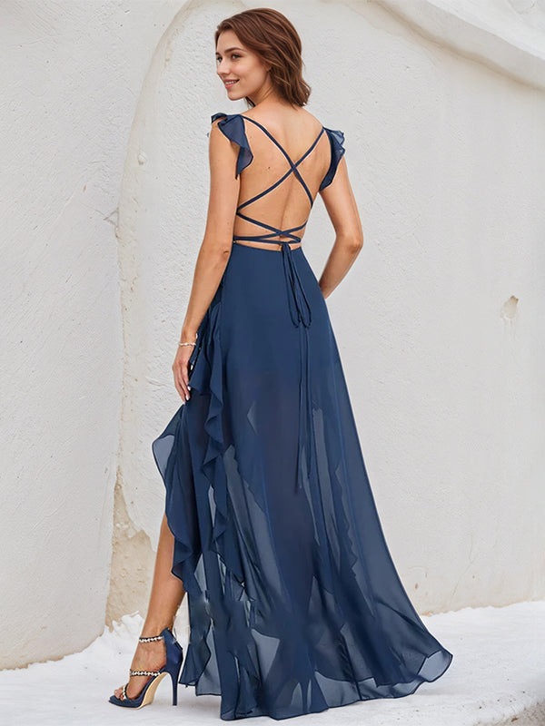 Navy Blue Chiffon A Line V Neck Sleeveless Floor Length Bridesmaid Dress With Cascading Ruffles
