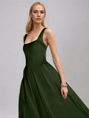 Olive Green A Line Satin Square Neck Sleeveless Tea Length Dress