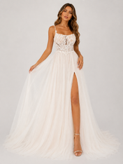 Elegant Sweetheart Neckline Lace Applique A-Line Wedding Dress with High Slit and Chapel Train