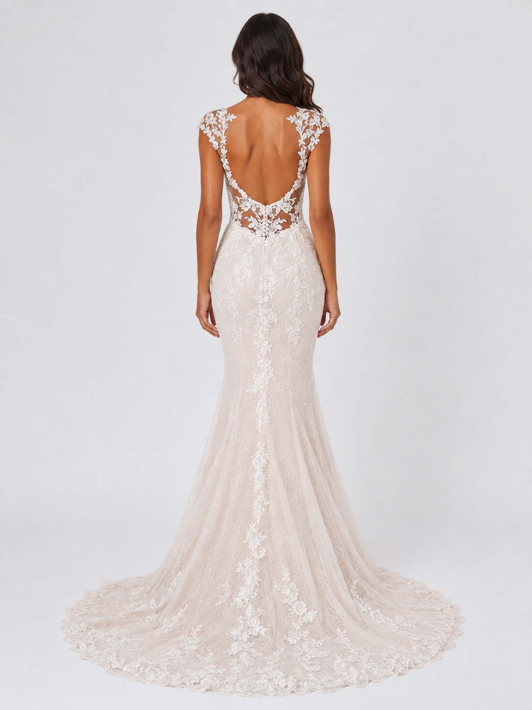Elegant Lace Applique Cap-Sleeve Mermaid Wedding Dress with Chapel Train