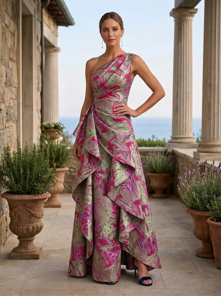 One-Shoulder Abstract Metallic Brocade Cascading Mother of the Bride Dress