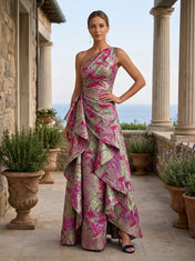One-Shoulder Abstract Metallic Brocade Cascading Mother of the Bride Dress