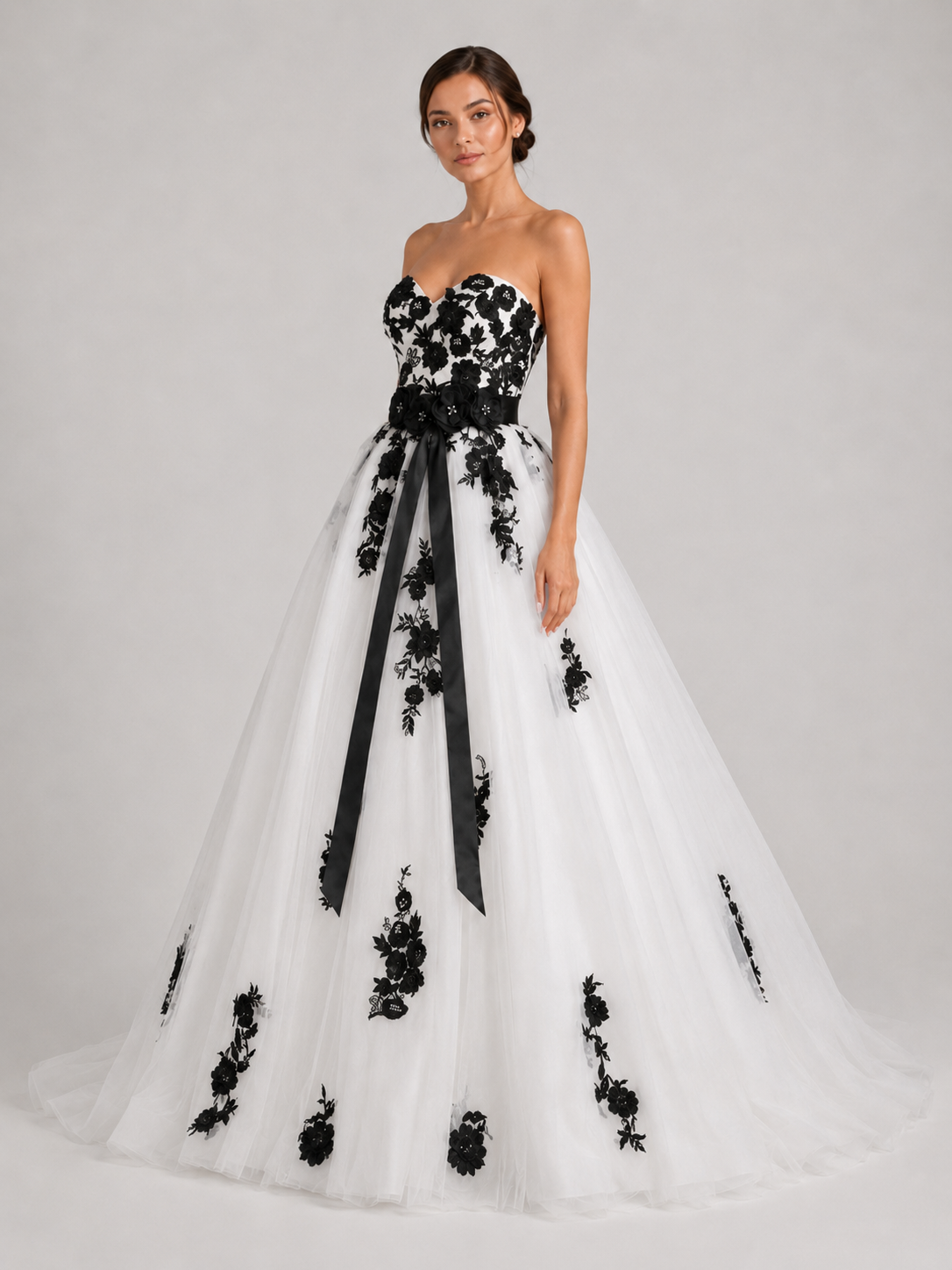 Elegant Floral Lace Applique Strapless A-Line Wedding Dress with Sweep Train