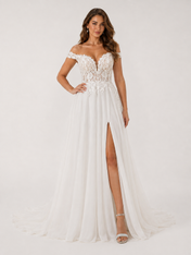 Elegant Off-the-Shoulder Lace Applique Chiffon A-Line Wedding Dress with High Slit and Sweep Train