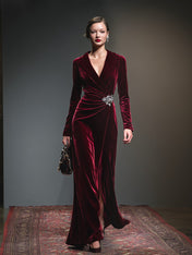 Retro-style Lapel Pleated Velvet Maxi Dress