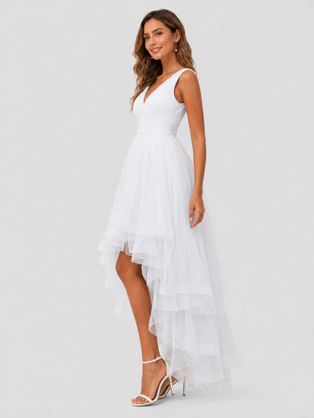 Elegant V-Neck Ruched Tulle High-Low Wedding Dress with Layered Skirt
