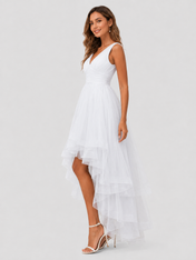 Elegant V-Neck Ruched Tulle High-Low Wedding Dress with Layered Skirt