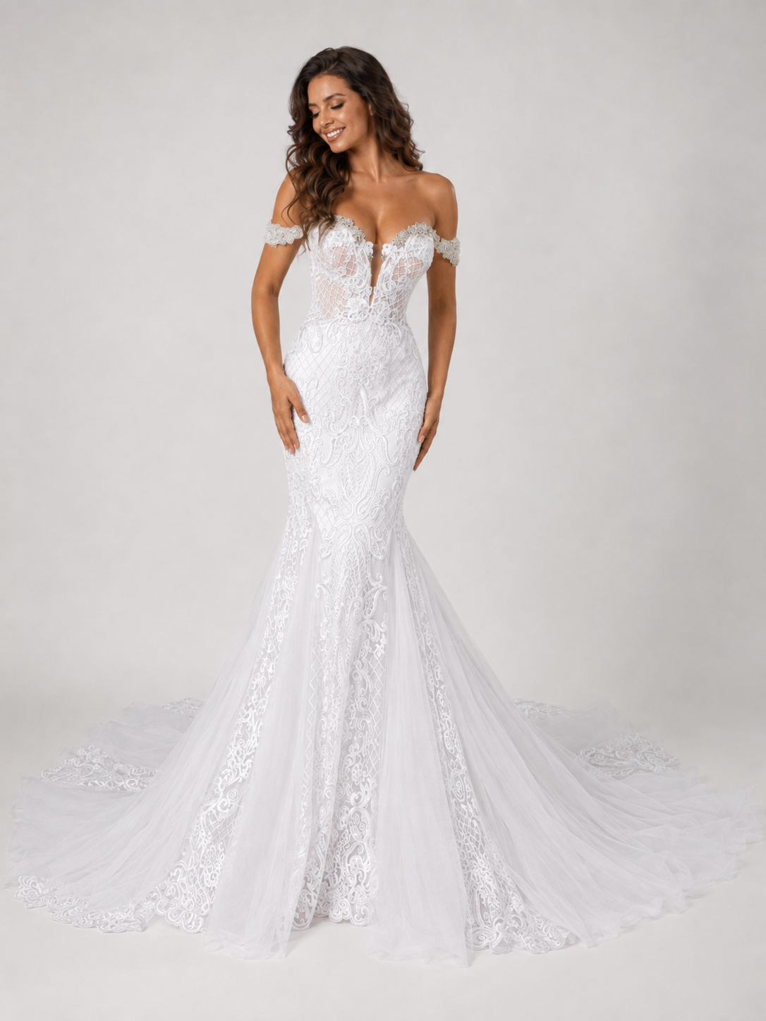 Elegant Off-the-Shoulder Illusion Plunge Lace Mermaid Wedding Dress with Chapel Train