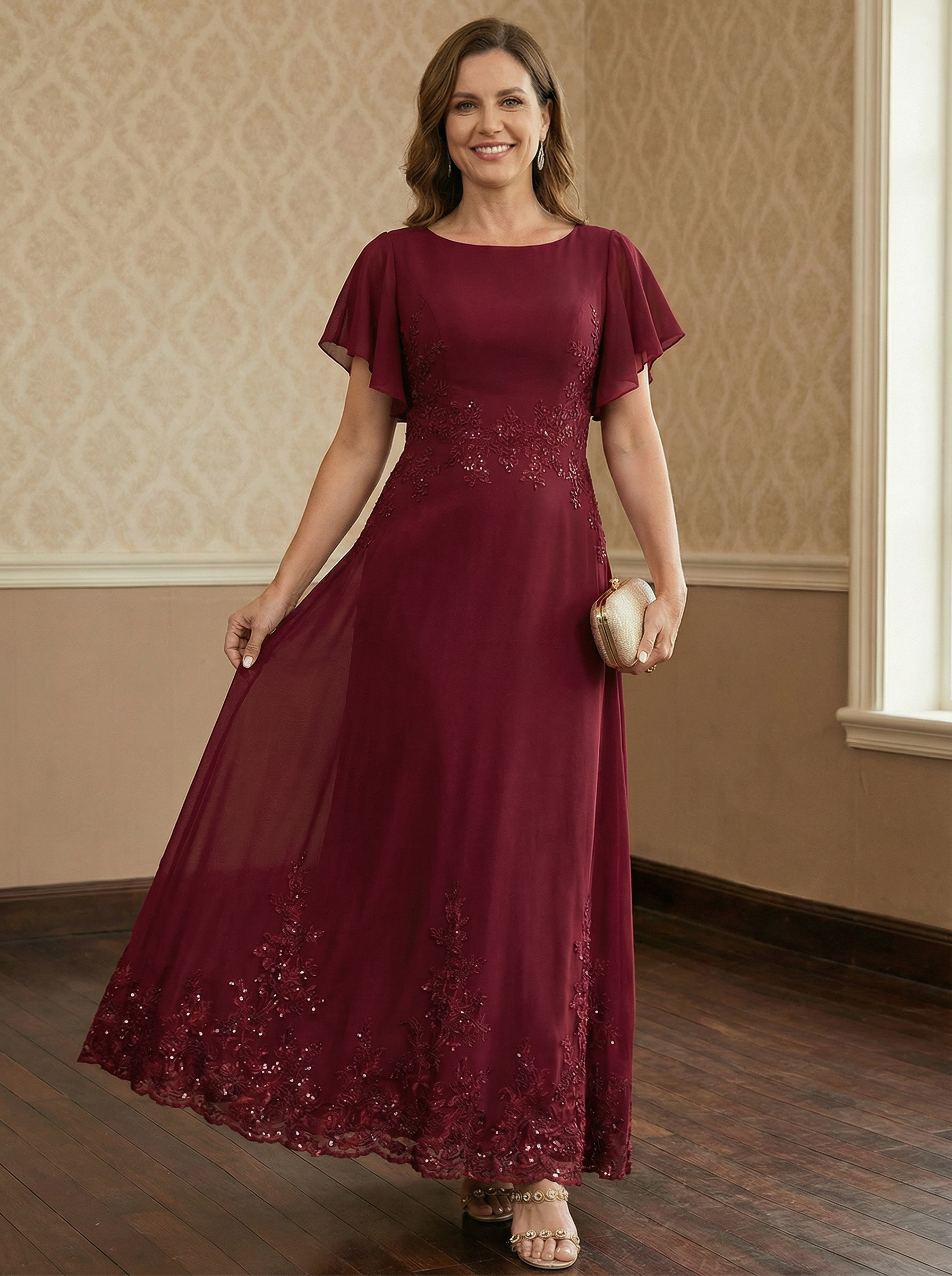 A-line Scoop Ankle-Length Lace Chiffon Mother of the Bride Dress With Sequins