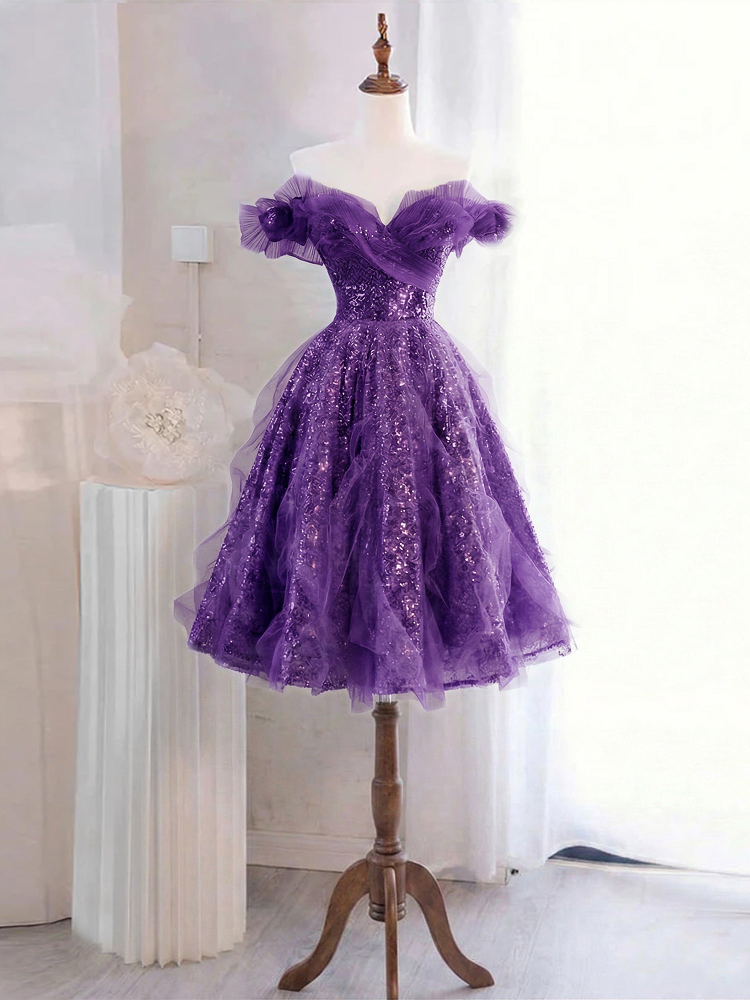 Whimsical Lavender Glitter Tulle Off-the-Shoulder Mini Homecoming Dress
