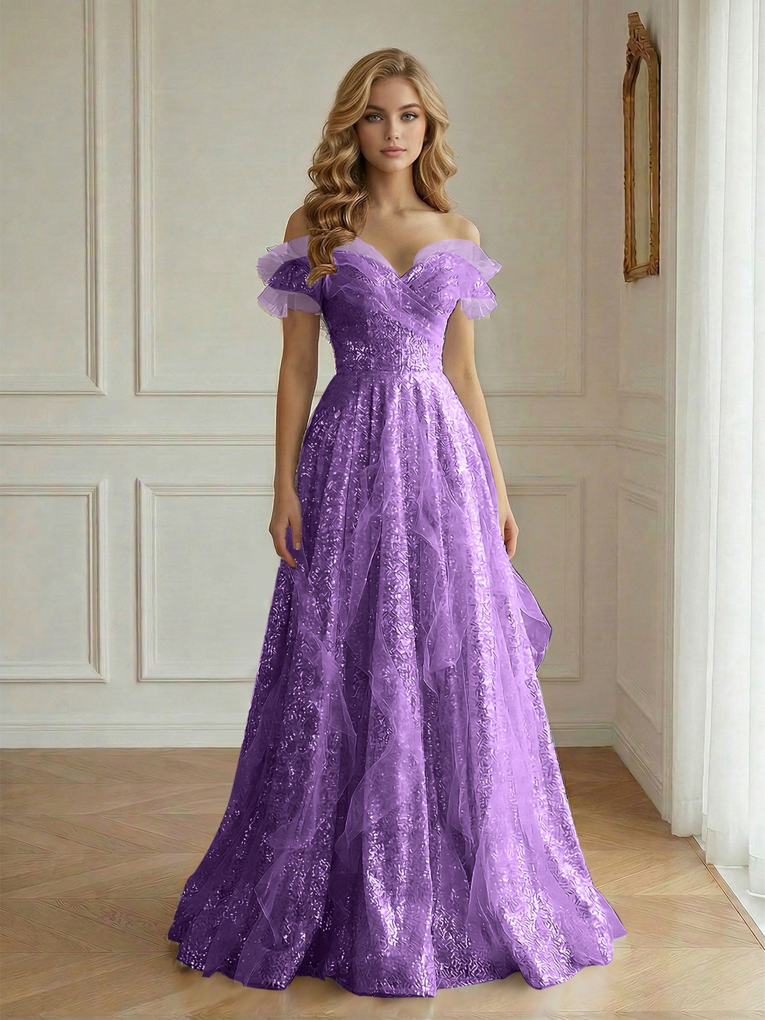 Off-the-Shoulder Sequin Tulle A-Line Gown with Ruffle Accents Prom Dress