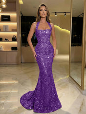 Gold Sequin Halter Mermaid Prom Dress with Ruched Waist