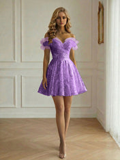 Off-the-Shoulder Lace-Up Back Iridescent Tulle Party Dress Homecoming Dress