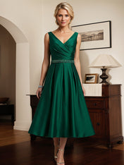Dark Green A-line V-Neck Tea-Length Satin Mother of the Bride Dress with Pleated
