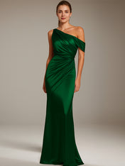 Formal Party Satin Dress Silver One-Shoulder Pleated  Floor-Length Dress