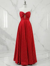 Sparkly Red Beaded Strapless Long Corset Prom Dress with Bow