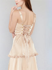 A Line Champagne Satin Spaghetti Straps Sleeveless Floor Length Dress With High Slit