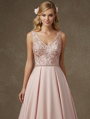 Pink A-line V-Neck Floor-Length Satin Lace Prom Dresses With Sequins
