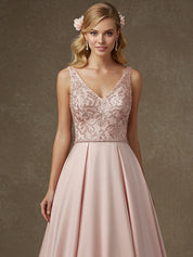 Pink A-line V-Neck Floor-Length Satin Lace Prom Dresses With Sequins