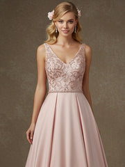 Pink A-line V-Neck Floor-Length Satin Lace Prom Dresses With Sequins