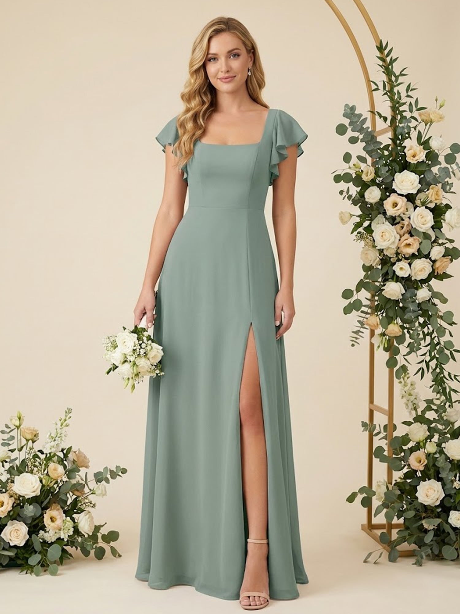 Square Neck Ruffle Sleeves A Line Chiffon Long Bridesmaid Dresses with Slit