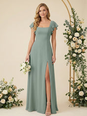 Square Neck Ruffle Sleeves A Line Chiffon Long Bridesmaid Dresses with Slit