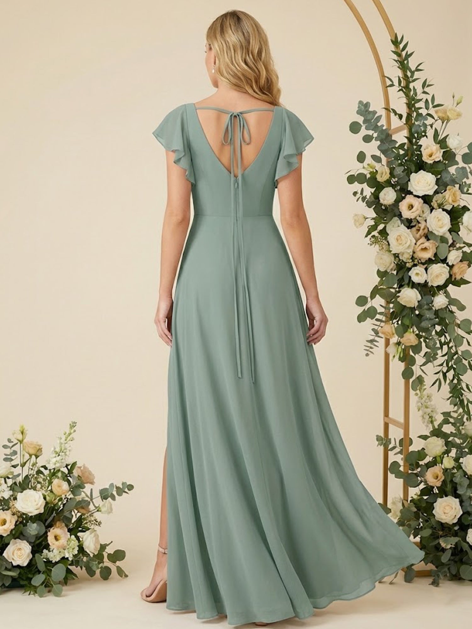 Square Neck Ruffle Sleeves A Line Chiffon Long Bridesmaid Dresses with Slit