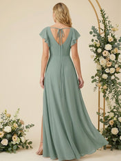 Square Neck Ruffle Sleeves A Line Chiffon Long Bridesmaid Dresses with Slit