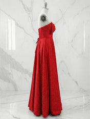 Sparkly Red Beaded Strapless Long Corset Prom Dress with Bow