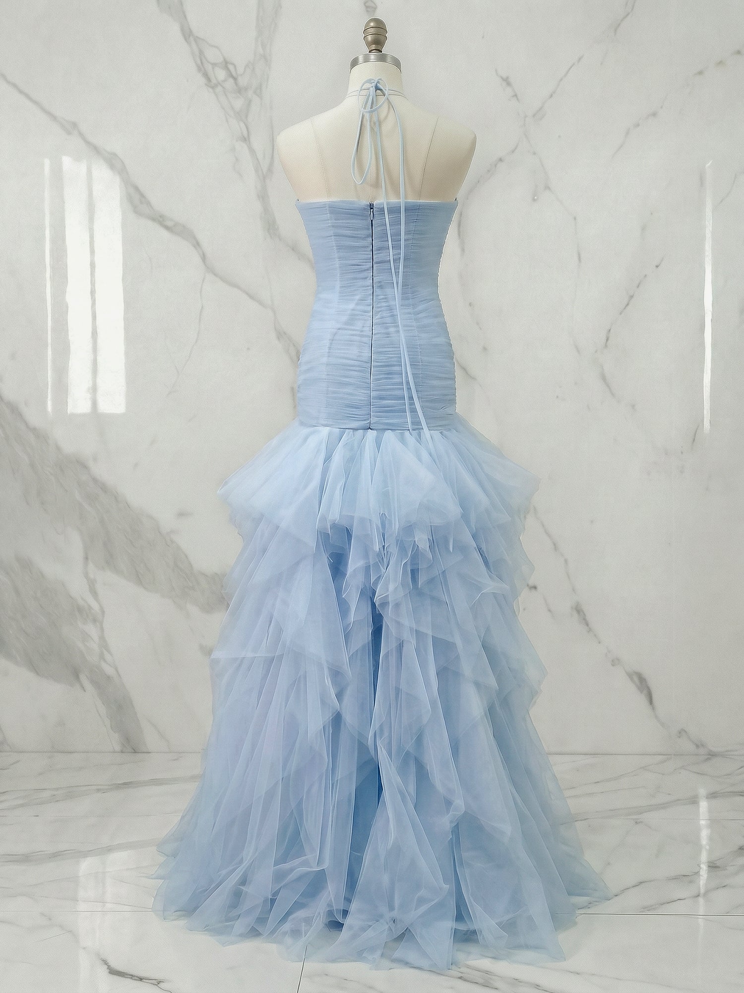 Lemon Halter Cascading Ruffle A-Line Evening Formal Gown Party Dress