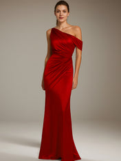Formal Party Satin Dress Silver One-Shoulder Pleated  Floor-Length Dress