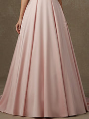 Pink A-line V-Neck Floor-Length Satin Lace Prom Dresses With Sequins